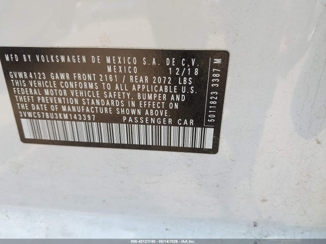 2019 Volkswagen Jetta 1.4t R-line/1.4t S/1.4t Se მანქანა იყიდება აუქციონზე, vin: 3VWC57BU3KM143397, აუქციონის ნომერი: 45121740