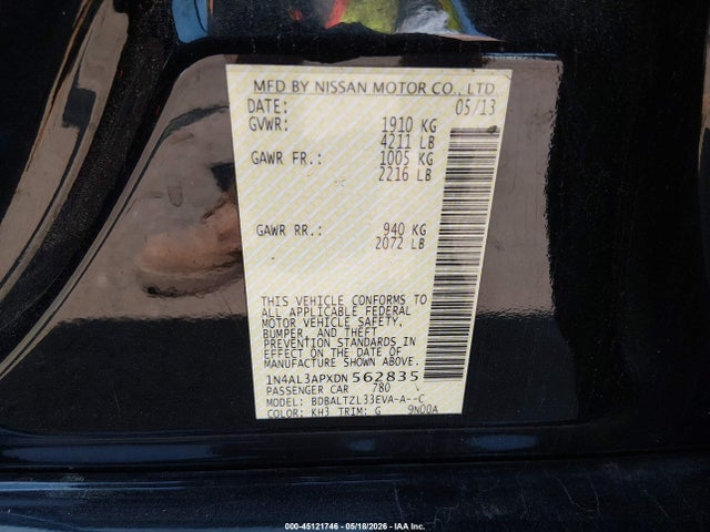 2013 Nissan Altima 2.5 Sv მანქანა იყიდება აუქციონზე, vin: 1N4AL3APXDN562835, აუქციონის ნომერი: 45121746