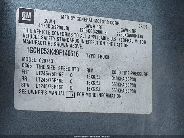 Продаж на аукціоні авто 2009 Chevrolet Silverado 2500hd Lt, vin: 1GCHC53K49F140616, номер лоту: 45121756