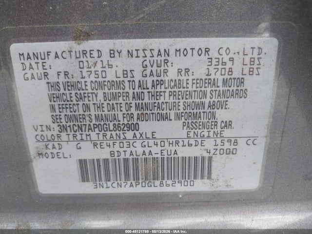 Продаж на аукціоні авто 2016 Nissan Versa 1.6 S, vin: 3N1CN7AP0GL862900, номер лоту: 45121769