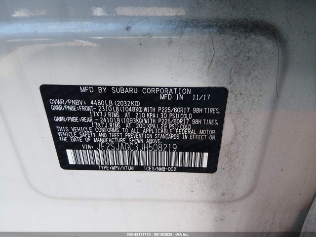Aukcja sprzedaży 2018 Subaru Forester 2.5i Premium, vin: JF2SJAGC3JH508219, numer aukcji: 45121770