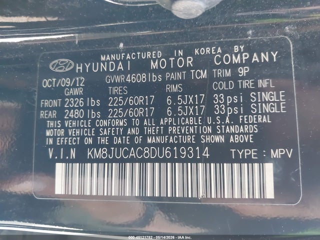 Aukcja sprzedaży 2013 Hyundai Tucson Gls, vin: KM8JUCAC8DU619314, numer aukcji: 45121782