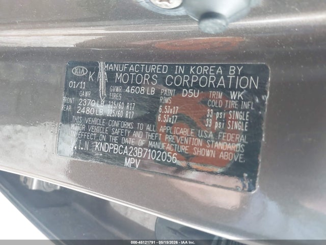 2011 Kia Sportage Lx მანქანა იყიდება აუქციონზე, vin: KNDPBCA23B7102056, აუქციონის ნომერი: 45121791