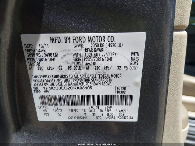 Aukcja sprzedaży 2012 Ford Escape Limited, vin: 1FMCU0EG2CKA98105, numer aukcji: 45121793