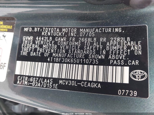 45121826 :رقم المزاد ، 4T1BF30K65U110735 vin ، 2005 Toyota Camry Xle V6 مزاد بيع