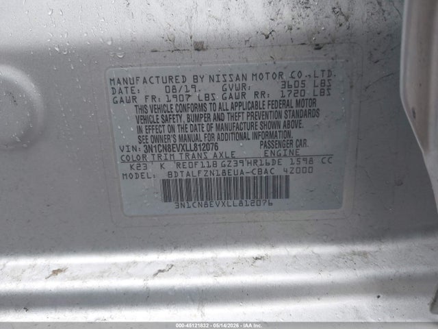 Aukcja sprzedaży 2020 Nissan Versa Sv Xtronic Cvt, vin: 3N1CN8EVXLL812076, numer aukcji: 45121832