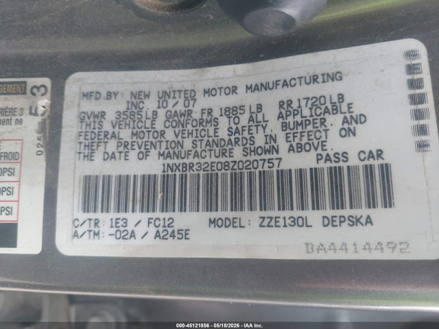 2008 Toyota Corolla S მანქანა იყიდება აუქციონზე, vin: 1NXBR32E08Z020757, აუქციონის ნომერი: 45121856