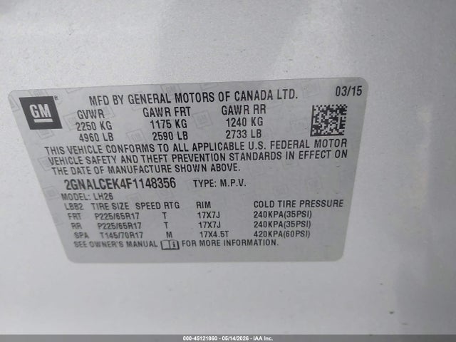 Продажа на аукционе авто 2015 Chevrolet Equinox 2lt, vin: 2GNALCEK4F1148356, номер лота: 45121860