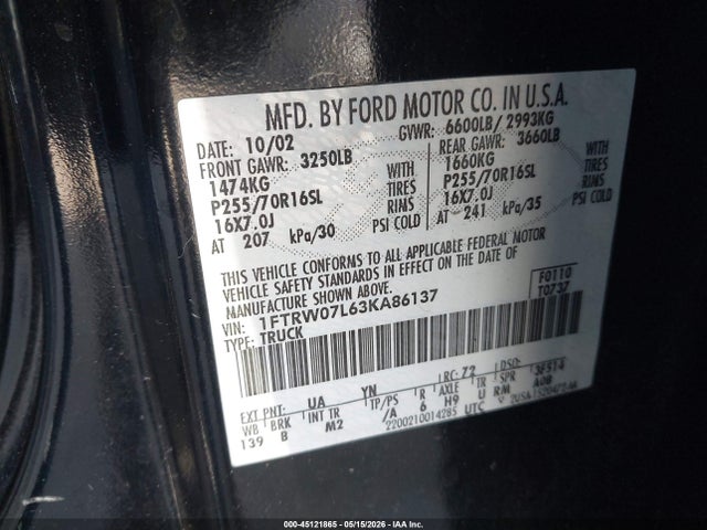 Aukcja sprzedaży 2003 Ford F-150 Lariat/xlt, vin: 1FTRW07L63KA86137, numer aukcji: 45121865