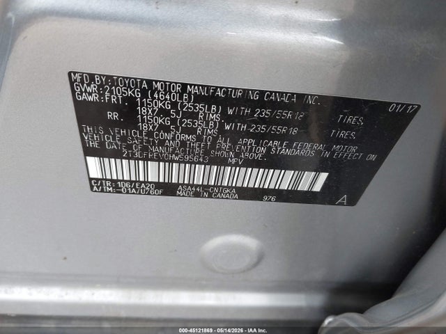 45121869 :رقم المزاد ، 2T3DFREV0HW595643 vin ، 2017 Toyota Rav4 Limited مزاد بيع
