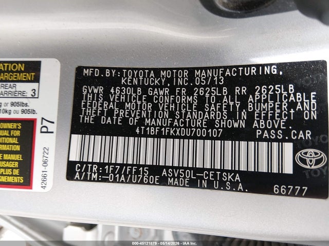 Aukcja sprzedaży 2013 Toyota Camry Se, vin: 4T1BF1FKXDU700107, numer aukcji: 45121879