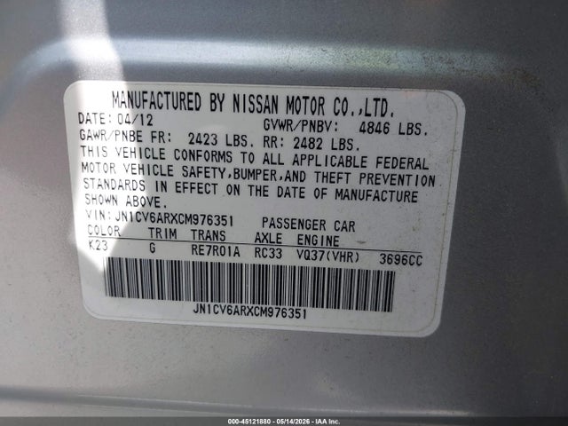 45121880 :رقم المزاد ، JN1CV6ARXCM976351 vin ، 2012 Infiniti G37x مزاد بيع