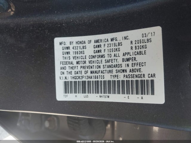 Aukcja sprzedaży 2017 Honda Accord Sport Se, vin: 1HGCR2F12HA188705, numer aukcji: 45121888