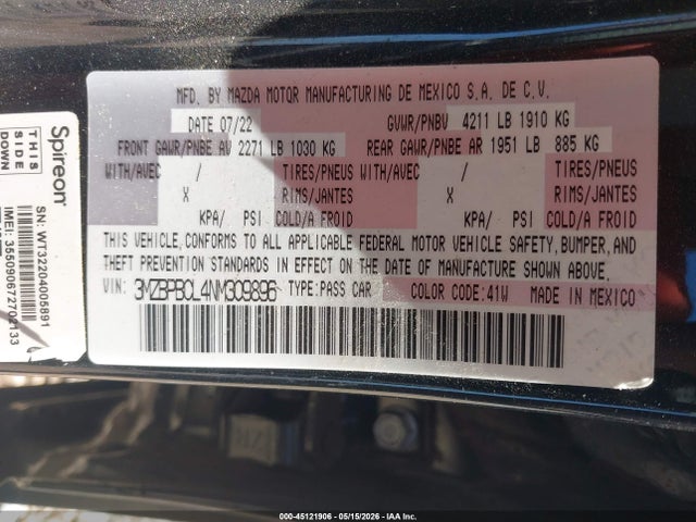 Aukcja sprzedaży 2022 Mazda Mazda3 Preferred, vin: 3MZBPBCL4NM309896, numer aukcji: 45121906