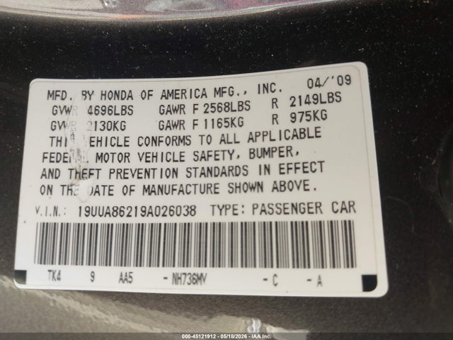 45121912 :رقم المزاد ، 19UUA86219A026038 vin ، 2009 Acura Tl 3.5 مزاد بيع