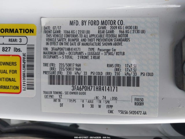 Ford FUSION SE 2017 3FA6P0H71HR414171 Image 9