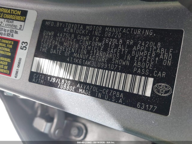 45121943 :رقم المزاد ، 4T1K61AK3LU991071 vin ، 2020 Toyota Camry Xse مزاد بيع