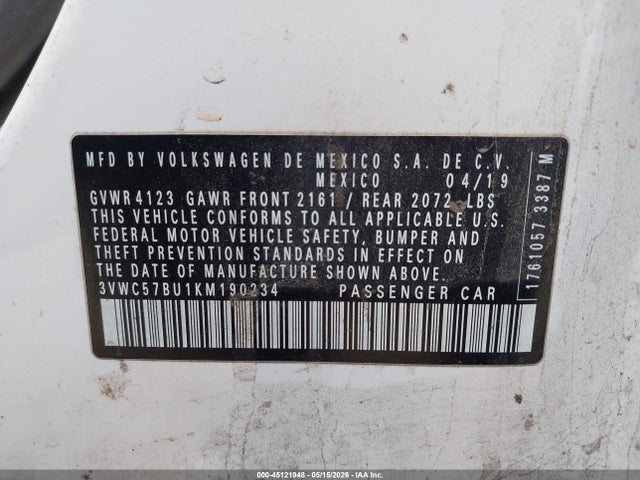 45121948 :رقم المزاد ، 3VWC57BU1KM190234 vin ، 2019 Volkswagen Jetta 1.4t R-line/1.4t S/1.4t Se مزاد بيع