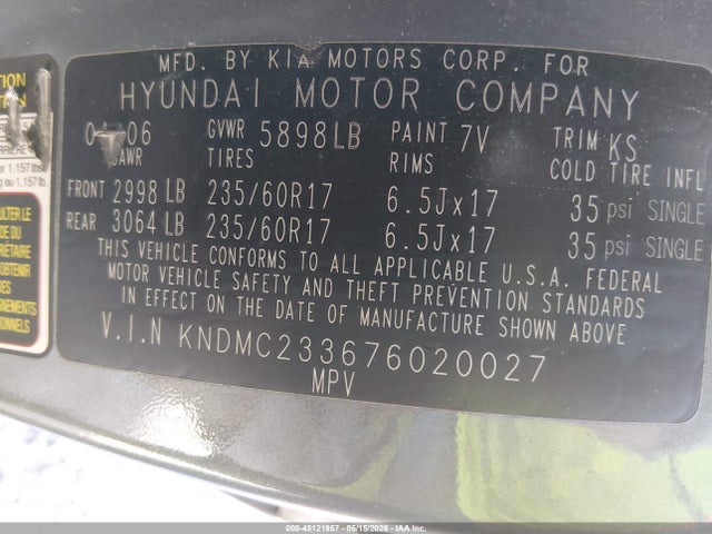 Aukcja sprzedaży 2007 Hyundai Entourage Gls/limited/se, vin: KNDMC233676020027, numer aukcji: 45121957