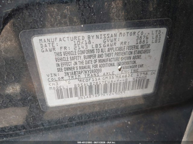 Продаж на аукціоні авто 2019 Nissan Sentra S, vin: 3N1AB7AP7KY249099, номер лоту: 45121993