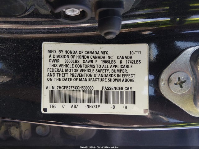 2012 Honda Civic Lx მანქანა იყიდება აუქციონზე, vin: 2HGFB2F5XCH530030, აუქციონის ნომერი: 45121998