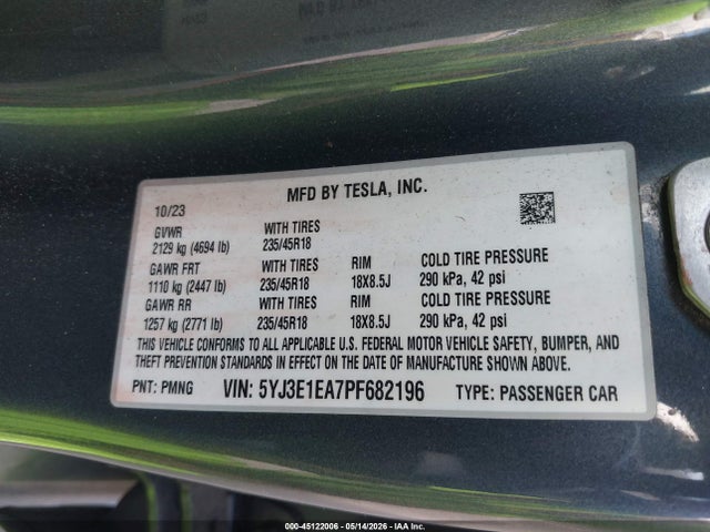 Aukcja sprzedaży 2023 Tesla Model 3 Rear-wheel Drive, vin: 5YJ3E1EA7PF682196, numer aukcji: 45122006