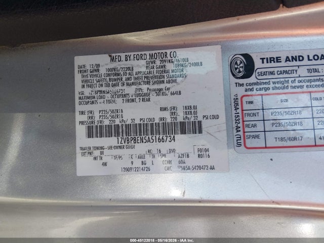 Aukcja sprzedaży 2010 Ford Mustang V6 Premium, vin: 1ZVBP8EN5A5166734, numer aukcji: 45122018