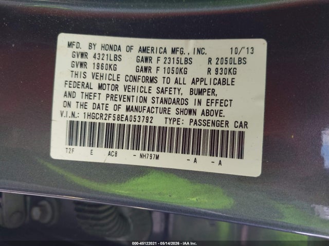 45122021 :رقم المزاد ، 1HGCR2F58EA053792 vin ، 2014 Honda Accord Sport مزاد بيع