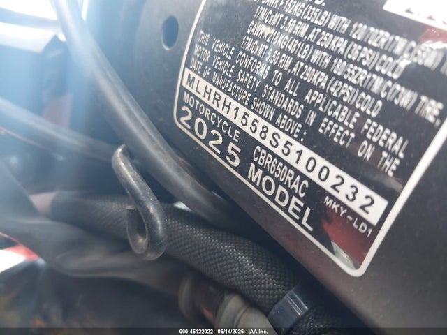 2025 Honda Cbr650 R მანქანა იყიდება აუქციონზე, vin: MLHRH1558S5100232, აუქციონის ნომერი: 45122022