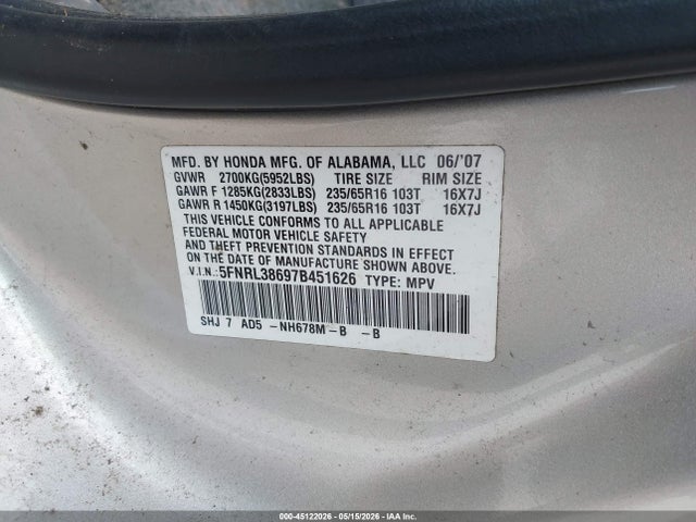 Продаж на аукціоні авто 2007 Honda Odyssey Ex-l, vin: 5FNRL38697B451626, номер лоту: 45122026