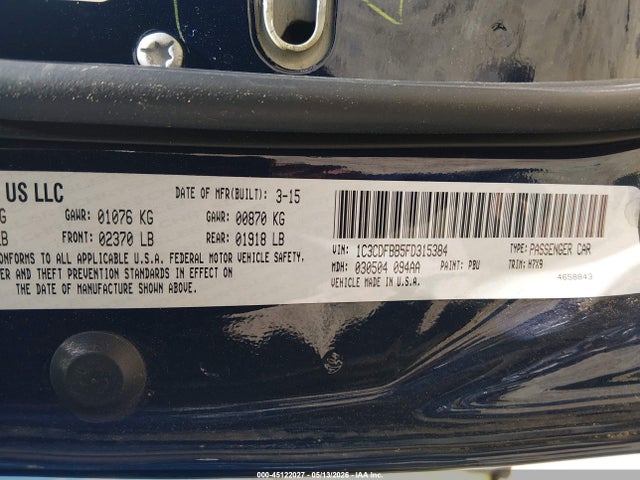 45122027 :رقم المزاد ، 1C3CDFBB5FD315384 vin ، 2015 Dodge Dart Sxt مزاد بيع