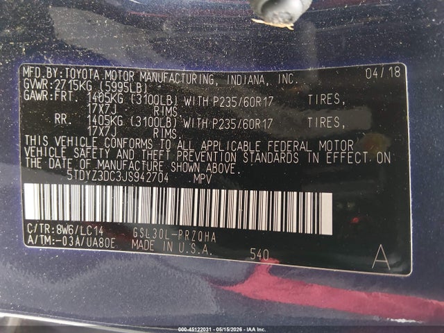 45122031 :رقم المزاد ، 5TDYZ3DC3JS942704 vin ، 2018 Toyota Sienna Xle 8 Passenger مزاد بيع