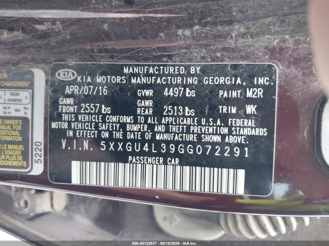 45122037 :رقم المزاد ، 5XXGU4L39GG072291 vin ، 2016 Kia Optima Ex مزاد بيع
