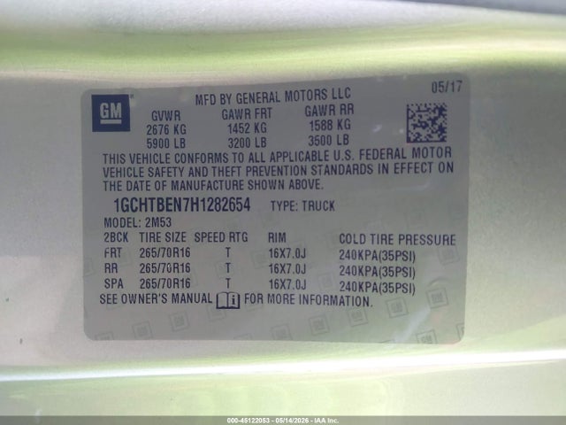 Aukcja sprzedaży 2017 Chevrolet Colorado Wt, vin: 1GCHTBEN7H1282654, numer aukcji: 45122053