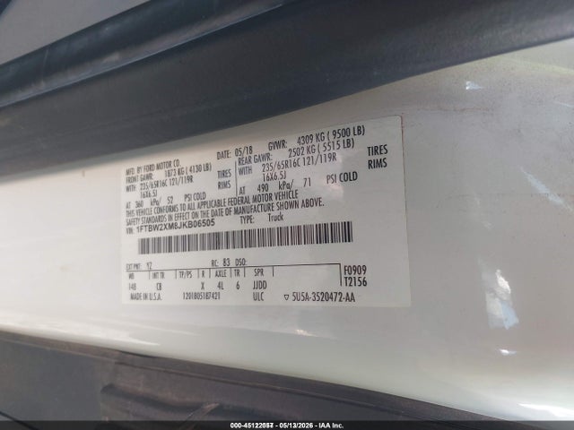 45122057 :رقم المزاد ، 1FTBW2XM8JKB06505 vin ، 2018 Ford Transit-350 مزاد بيع