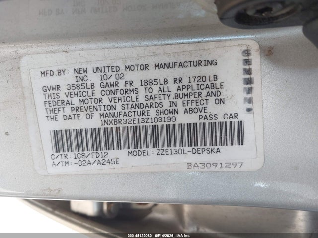 2003 Toyota Corolla S მანქანა იყიდება აუქციონზე, vin: 1NXBR32E13Z103199, აუქციონის ნომერი: 45122060