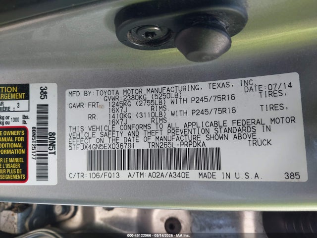 2014 Toyota Tacoma Prerunner მანქანა იყიდება აუქციონზე, vin: 5TFJX4GN5EX036791, აუქციონის ნომერი: 45122066