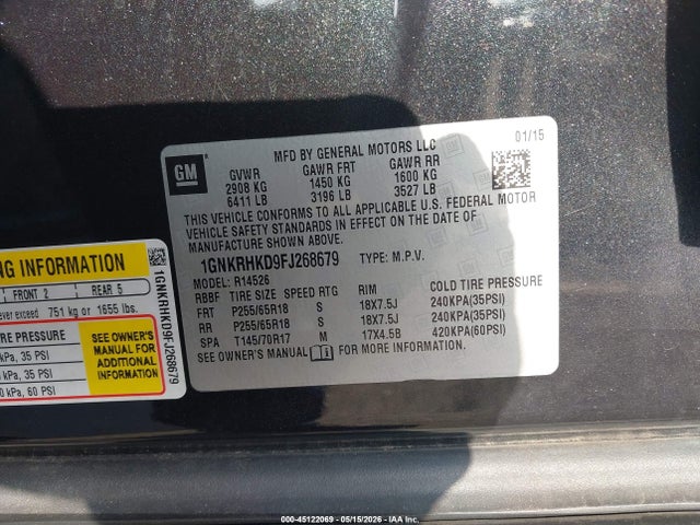 Продажа на аукционе авто 2015 Chevrolet Traverse 2lt, vin: 1GNKRHKD9FJ268679, номер лота: 45122069
