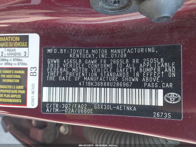 Aukcja sprzedaży 2008 Toyota Avalon Xl, vin: 4T1BK36B88U286967, numer aukcji: 45122070