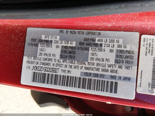 45122096 :رقم المزاد ، JM3KE2DY9G0839927 vin ، 2016 Mazda Cx-5 Grand Touring مزاد بيع