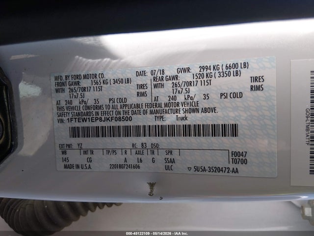 Aukcja sprzedaży 2018 Ford F-150 Xl, vin: 1FTEW1EP8JKF08500, numer aukcji: 45122109