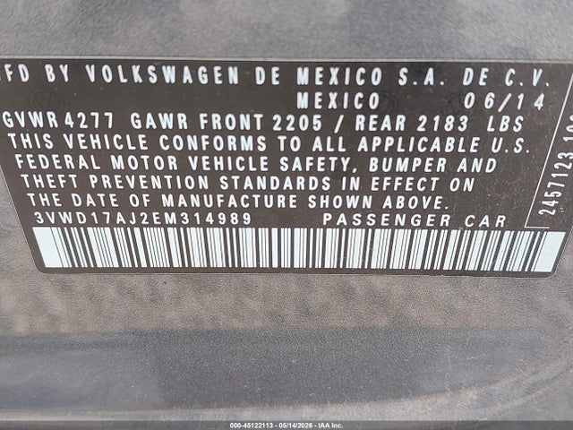 Aukcja sprzedaży 2014 Volkswagen Jetta 1.8t Se, vin: 3VWD17AJ2EM314989, numer aukcji: 45122113