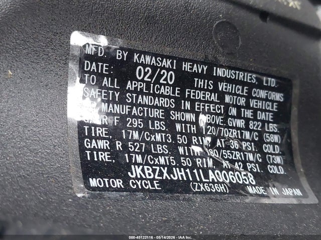 2020 Kawasaki Zx636 K მანქანა იყიდება აუქციონზე, vin: JKBZXJH11LA006058, აუქციონის ნომერი: 45122116
