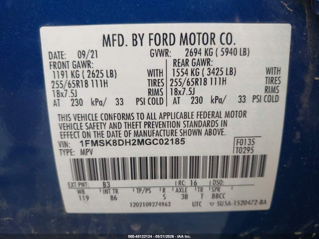 Aukcja sprzedaży 2021 Ford Explorer Xlt, vin: 1FMSK8DH2MGC02185, numer aukcji: 45122124