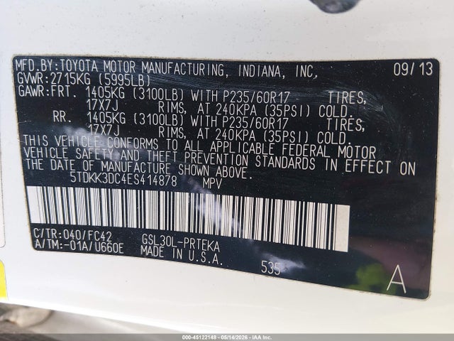 Aukcja sprzedaży 2014 Toyota Sienna Le V6 8 Passenger, vin: 5TDKK3DC4ES414878, numer aukcji: 45122148