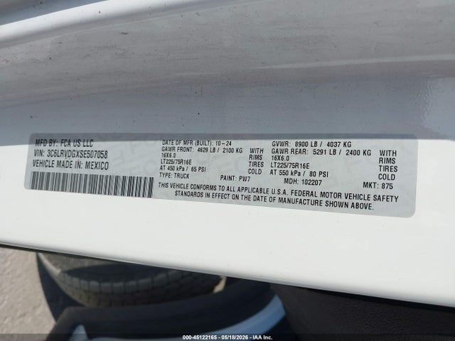 45122165 :رقم المزاد ، 3C6LRVDGXSE507058 vin ، 2025 Ram Promaster 2500 Tradesman High Roof 159 Wb W/pass Seat مزاد بيع