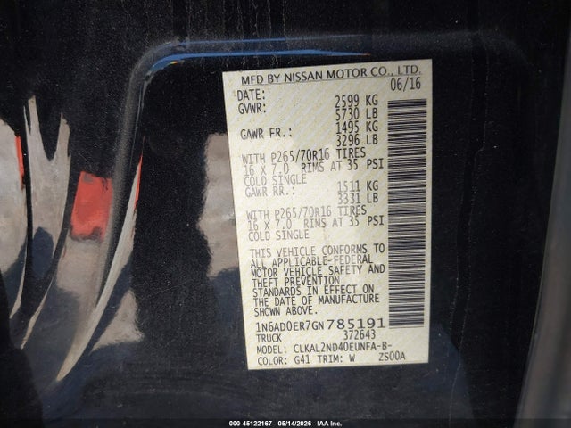 Aukcja sprzedaży 2016 Nissan Frontier Sv, vin: 1N6AD0ER7GN785191, numer aukcji: 45122167