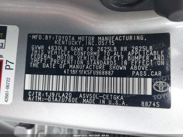 2015 Toyota Camry Xle მანქანა იყიდება აუქციონზე, vin: 4T1BF1FK5FU968887, აუქციონის ნომერი: 45122171