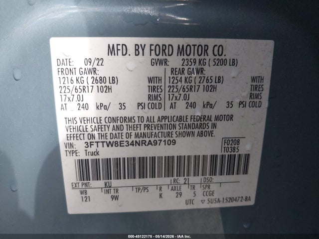 Aukcja sprzedaży 2022 Ford Maverick Xl, vin: 3FTTW8E34NRA97109, numer aukcji: 45122175