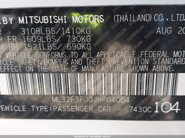 Aukcja sprzedaży 2018 Mitsubishi Mirage G4 Es, vin: ML32F3FJ0JHF04064, numer aukcji: 45122178